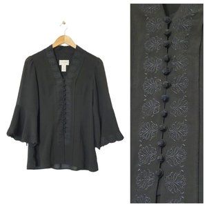 Victor Costa Occasion Blouse Embroidered Bell Cuff Layered Semi-Sheer Button Up